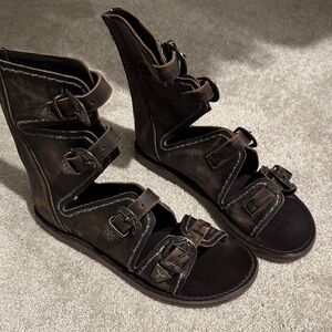 Distressed Brown Buckle Gladiator Sandals - Women's